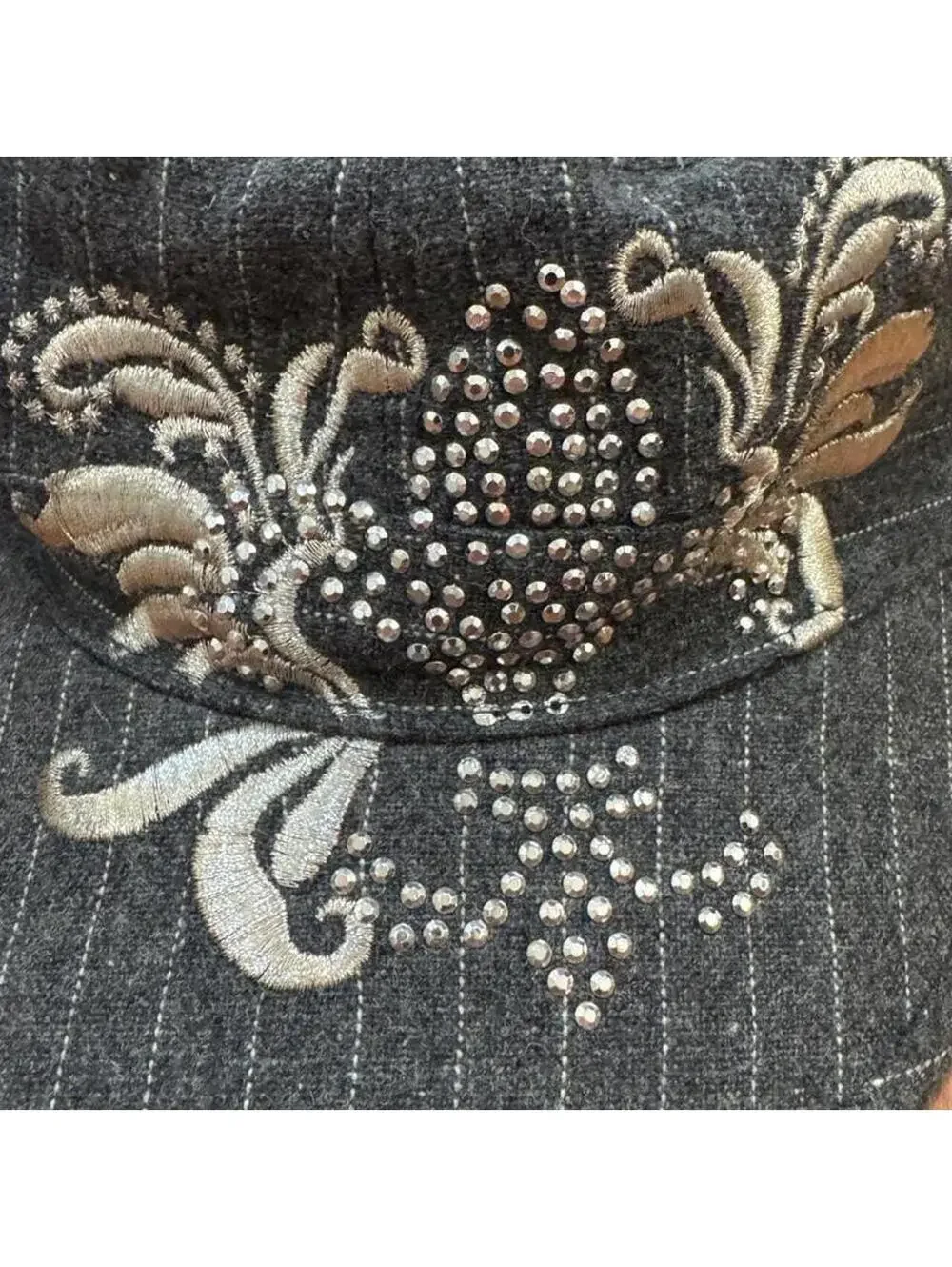 Embellished pinstripe army-style hat from Headers.